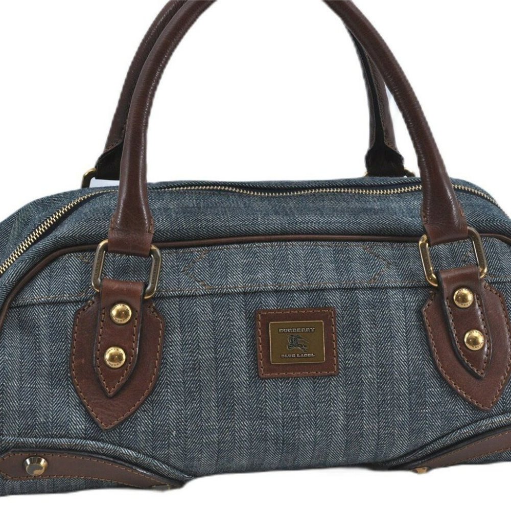 Authentic BURBERRY BLUE LABEL Hand Bag satchel Denim Leather Blue Brown